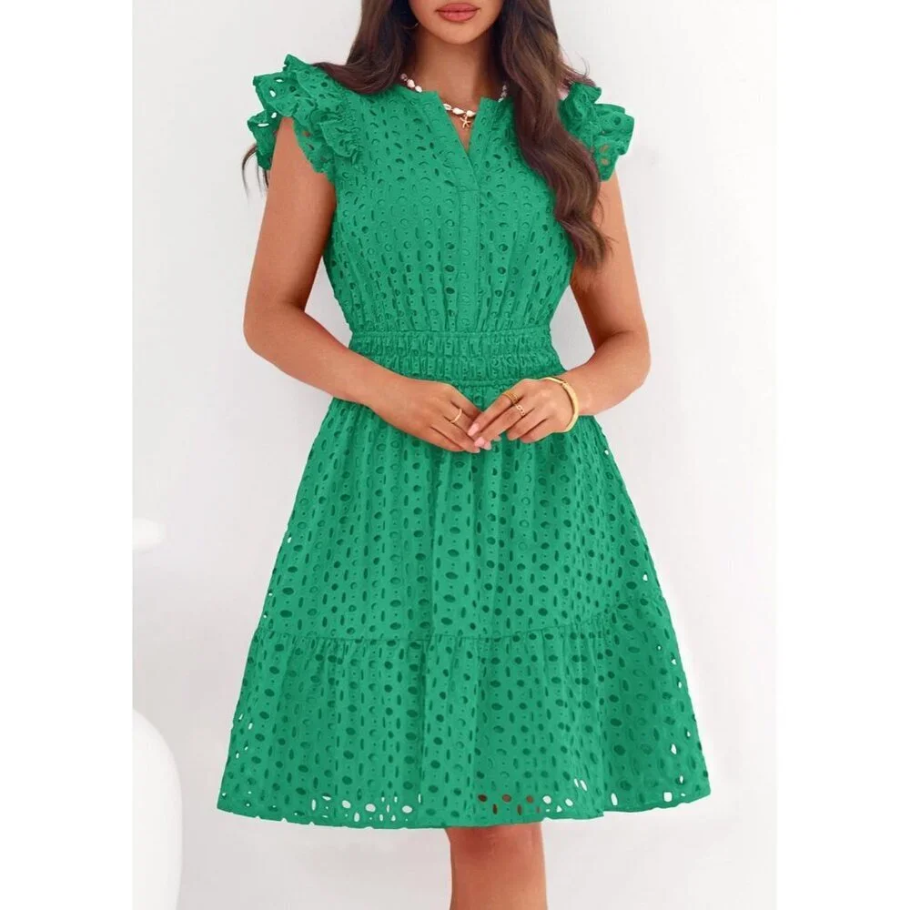 Women's Green V Neck Eyelet Cap Sleeve Summer Beach Vacation Sundresseses